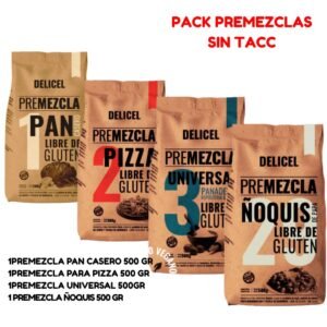 PACK PREMEZCLAS  : 1PREMEZCLA PAN CASERO 500 GR +1PREMEZCLA PARA PIZZA 500 GR  +1PREMEZCLA UNIVERSAL 500GR +1 PREMEZCLA ÑOQUIS 500 GR * DELICEL