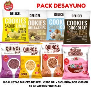 PACK DESAYUNO : 4 GALLETAS DULCES DELICEL X 200 GR  + 3 QUINOA POP X 80 GR 50 GR ARITOS FRUTALES