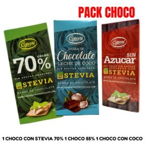 PACK CHOCO : 1 CHOCO CON STEVIA 70% 1 CHOCO 55% 1 CHOCO CON COCO