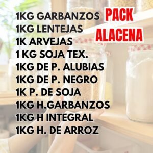 PACK ALACENA :1KG GARBANZOS 1KG LENTEJAS 1K ARVEJAS 1 KG SOJA TEX. 1KG DE P. ALUBIAS 1KG DE P. NEGRO 1K P. DE SOJA 1KG H.GARBANZOS 1KG H INTEGRAL 1KG H. DE ARROZ